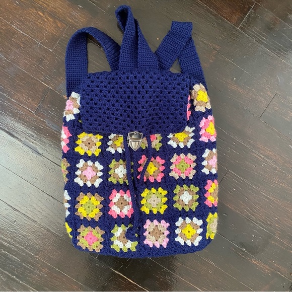 Handmade Crochet Granny Square Knit Backpack Purse - Picture 5 of 11